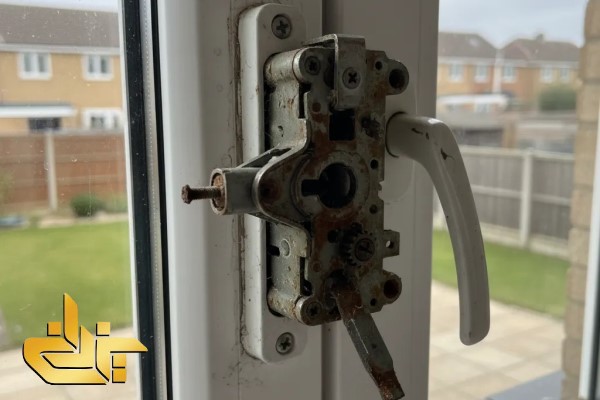 نمای نزدیک از قفل درب و پنجره UPVC برای آموزش نحوه تعمیر و تعویض