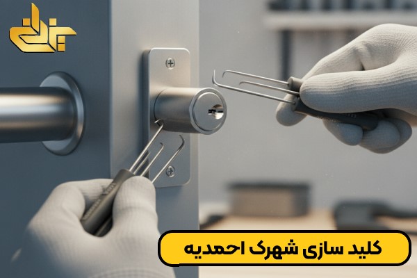 متخصص کلید سازی شهرک احمدیه در حال تعویض و تعمیر تخصصی قفل درب ضد سرقت.