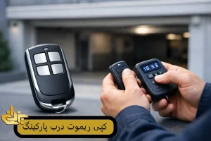 کپی ریموت درب پارکینگ با دستگاه برنامه‌ریزی ریموت و ریموت خام مقابل درب پارکینگ