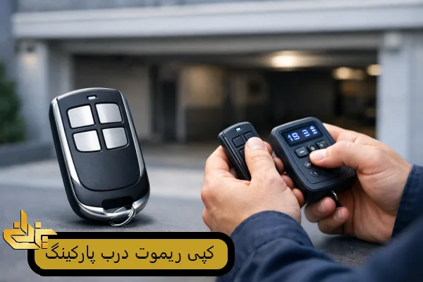 کپی ریموت درب پارکینگ با دستگاه برنامه‌ریزی ریموت و ریموت خام مقابل درب پارکینگ
