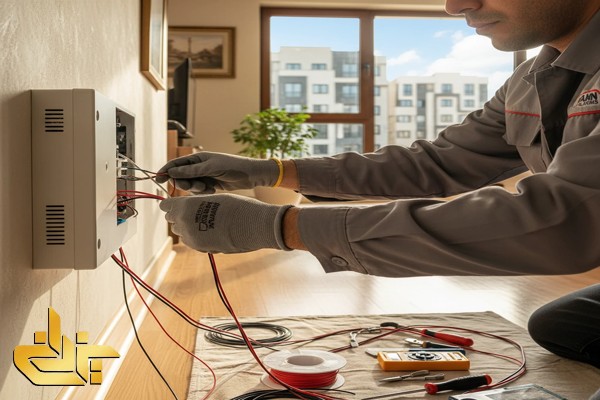 نصب دزدگیر اماکن توسط تکنسین متخصص با تمرکز بر سیم‌کشی و تنظیمات پنل امنیتی داخل ساختمان