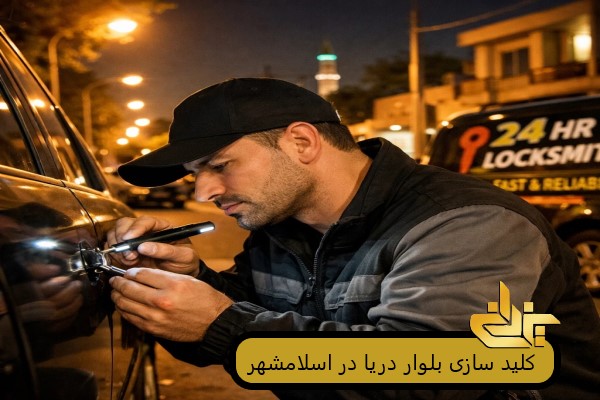 کلید سازی بلوار دریا اسلامشهر در حال باز کردن قفل خودرو با تجهیزات سیار در شب.